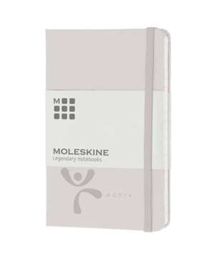 Hardback pocket moleskine notebook in white with colour match elastic strap and digital print logo