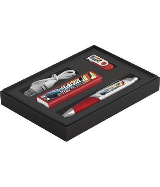 Power Bank Gift Set 1 with red power bank, red ball pen and re USB stick with digital print and presented in a black box