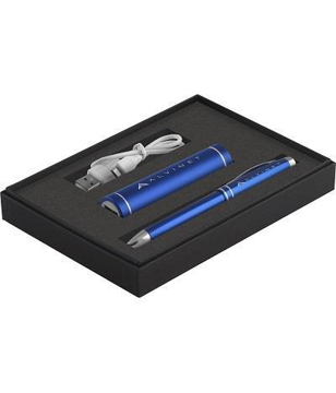 Power Bank Gift Set 4 with blue power bank with cable and blue ball pen presented in a black box