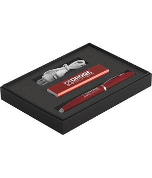 Power Bank Gift Set 5 with red power bank with cable and red ball pen presented in a black box