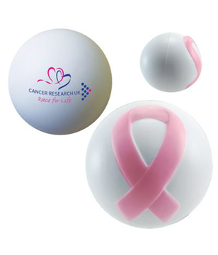 Ribbon Stress Ball in white with cancer research race for life logo and pink ribbon
