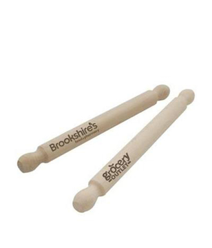 2 wodden rolling pins with corporate branding to the end