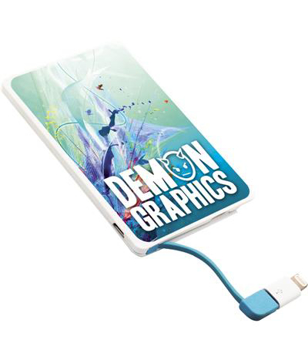Slimline Power Bank in white with blue cable and full colour print to one side