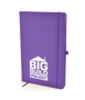 A5 soft touch notebook in purple with colour match ribbon, elastic closure strap and pen loop with 1 colour white print logo