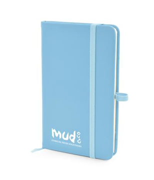 A6 Notebook  in light blue with colour match elastic closure, pen loop and ribbon with 1 colour print logo