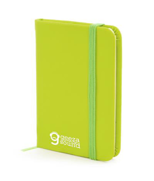A7 Notebook in lime green with colour match book mark, pen loop and elastic closure strap and 1 colour print logo