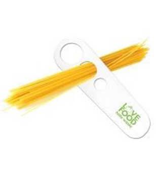 a white spaghetti portion measuring tool with a portion of spagehetti through one gap and one colour branding to the front