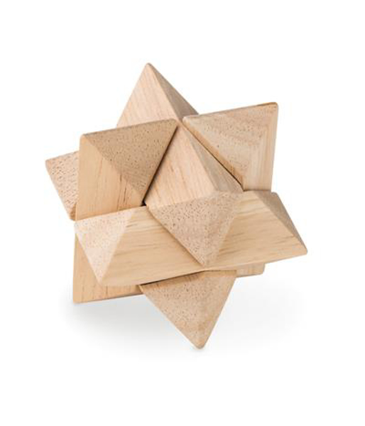 a wooden star shaped brain teaser toy