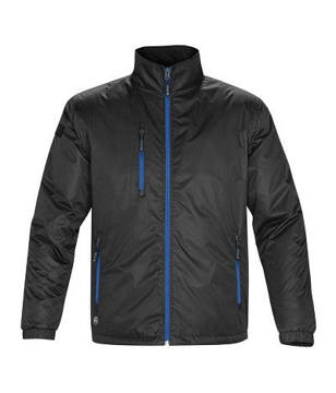 black stormtech jacket with a blue zip