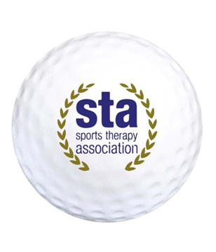 white stress toy in the shape of a golf ball, branded with an association logo