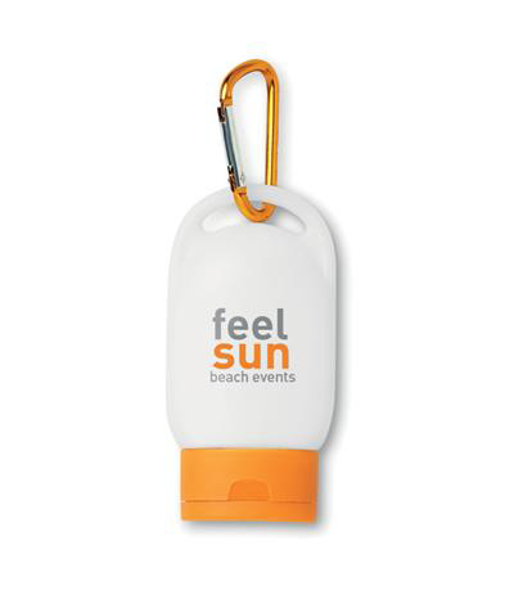 Suncare Lotion in white and orange with 2 colour print logo and orange carabiner