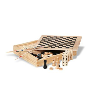 a wooden box with a chess board design to lid containing multiple wooden board games