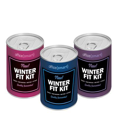 Winter Fit Kit cans in pink, blue and purple