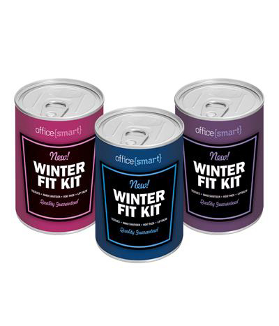 Winter Fit Kit cans in pink, blue and purple