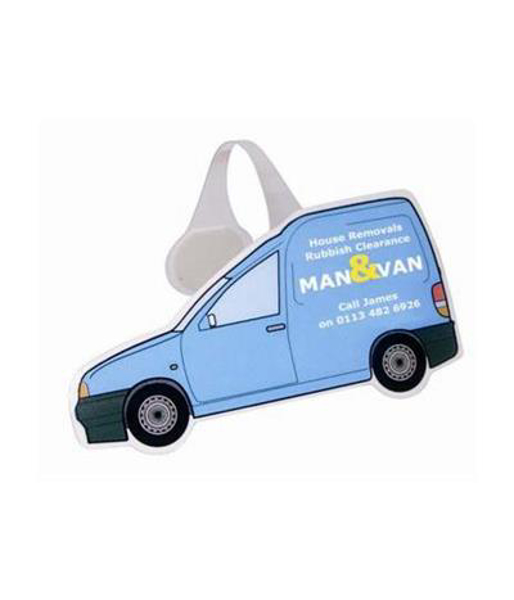 a wobbler display van with corporate branding and contact details