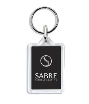 black y1 plastic keyring with a corporate logo to the front