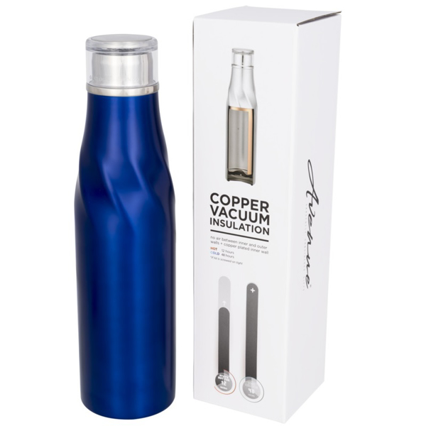 Blue 650ml metal bottle in presentation box with printed logo. 