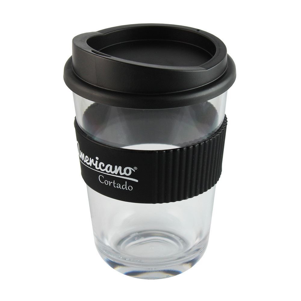 Clear drinks cup with black silicone lid and grip