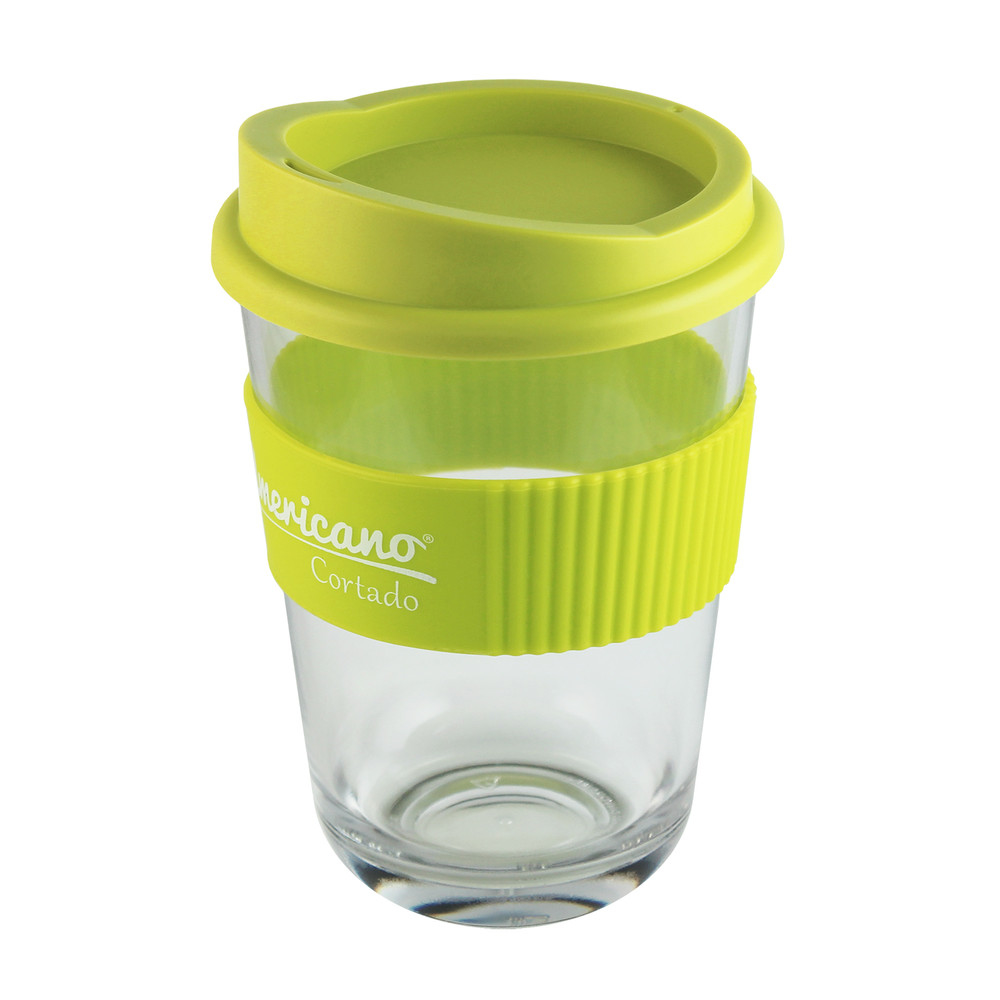 Clear, single walled coffee cup with silicon lid and grip