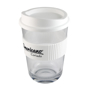 Reusable clear cup with white lid and grip