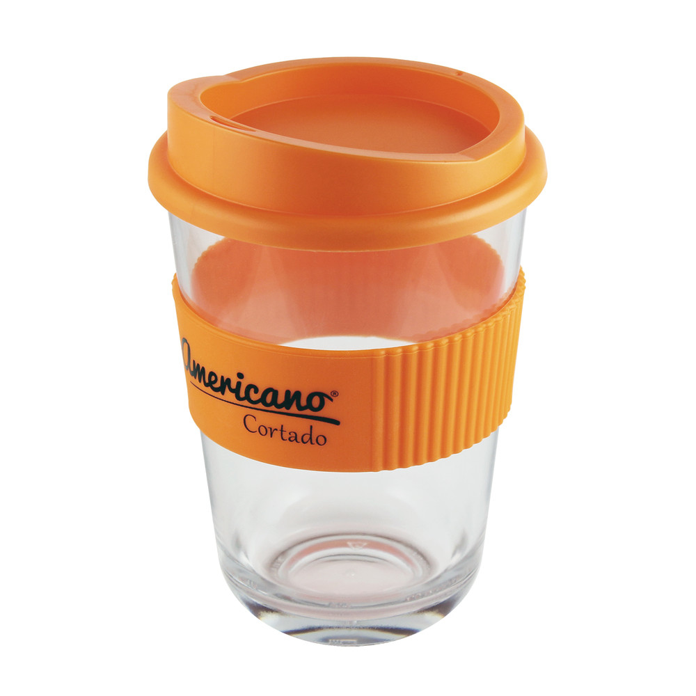Clear reusable coffee cup with orange lid and grip for promotional giveaways