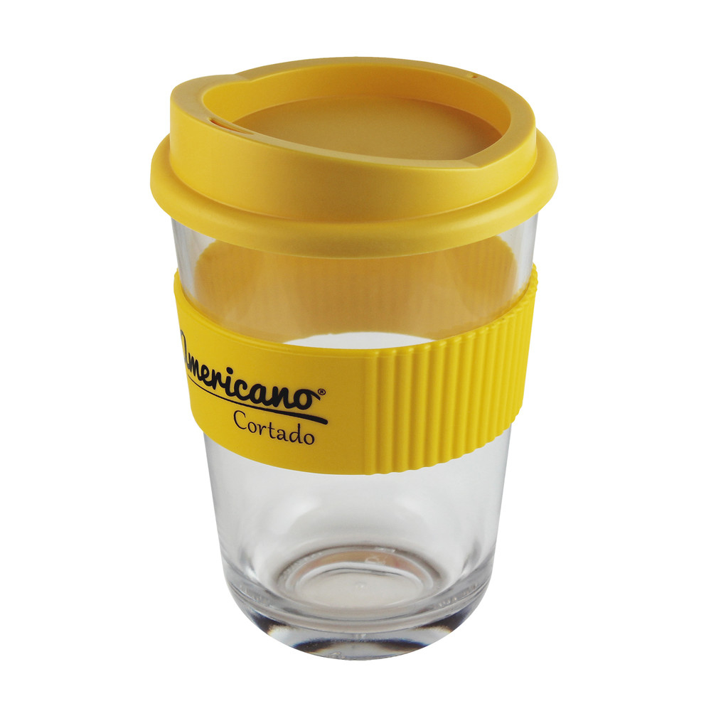 Clear coffee cup to advertise company logo with one colour print to the yellow grip