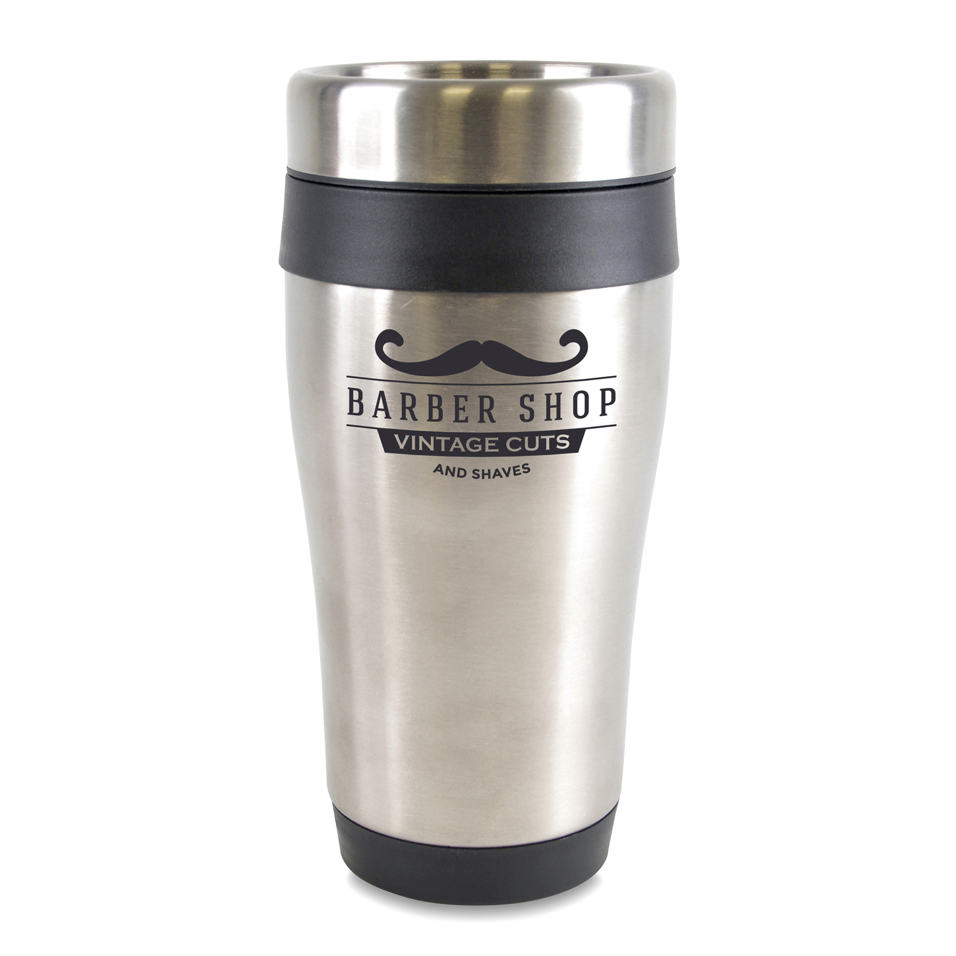 stainless steel ancoats travel mug with black coloured trim and 1 colour branding