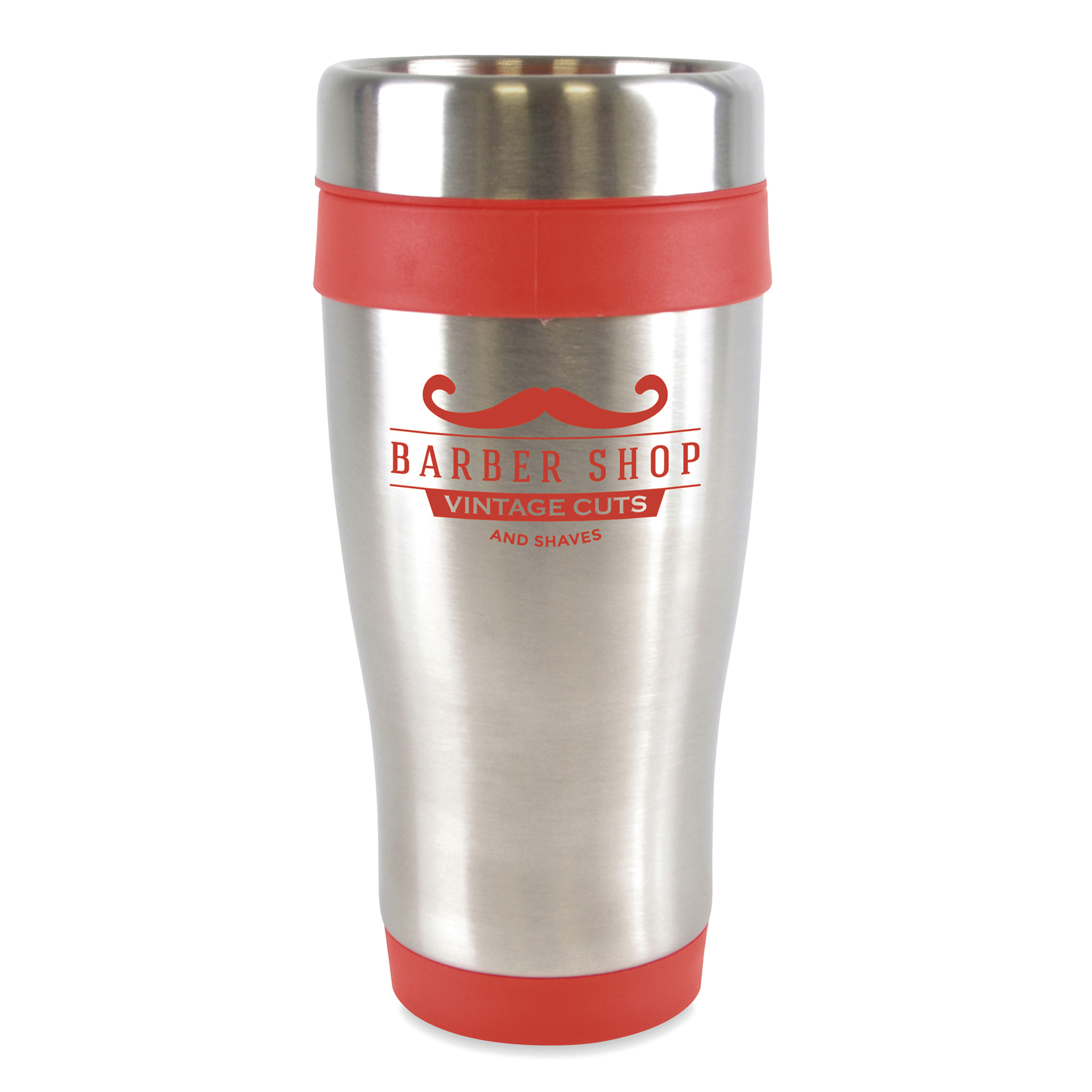 stainless steel ancoats travel mug with red coloured trim and 1 colour branding