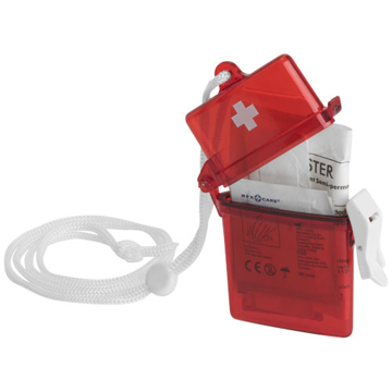 red clear plastic first aid kit partially open
