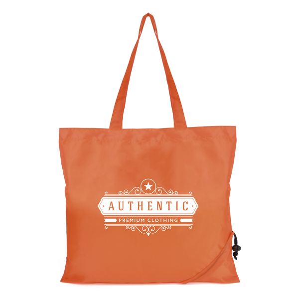 Orange polyester shopper bag with long carry handles and corner pouch for it into fold into