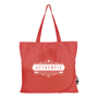 Red polyester shopper bag which folds down into a handy drawstring storage pouch