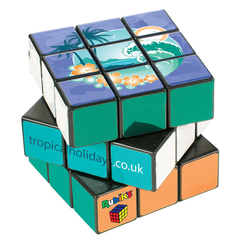 full colour branded 3 x 3 rubiks cube with a different design to each side spun around