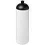 Tall and slim sports bottle with white body and black push pull lid