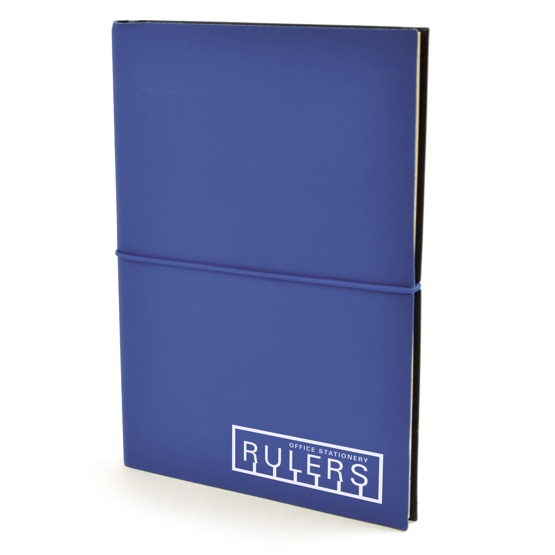 A5 centre PU notebook in blue with black elastic closure strap in the middle and 1 colour print logo