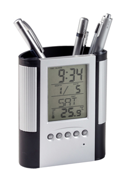 Silver and black pen pot with digital clock panel
