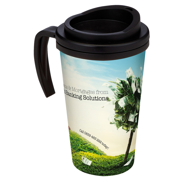 Grande Thermal Mug showing full colour print with black lid