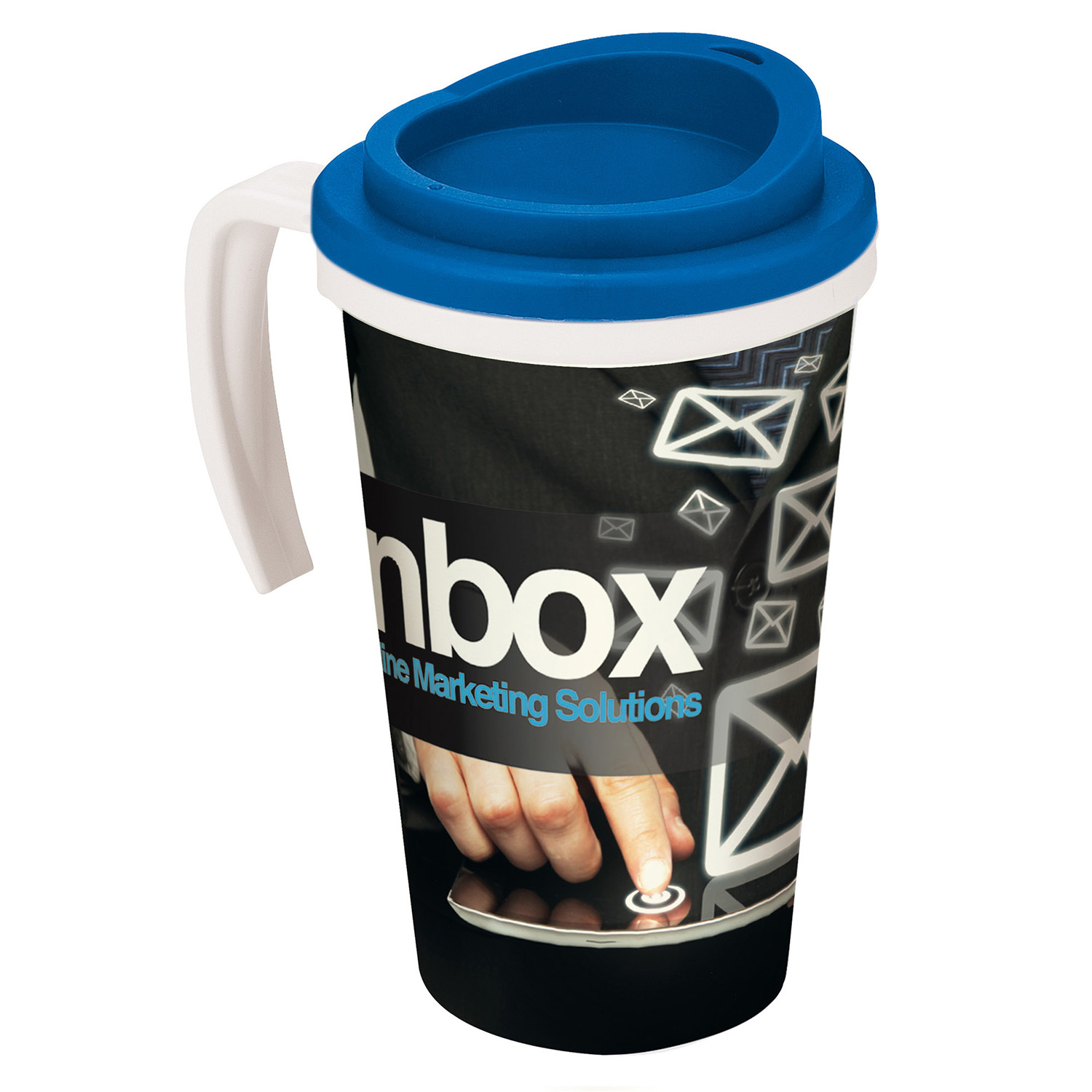 Grande Thermal Mug showing full colour print with blue lid