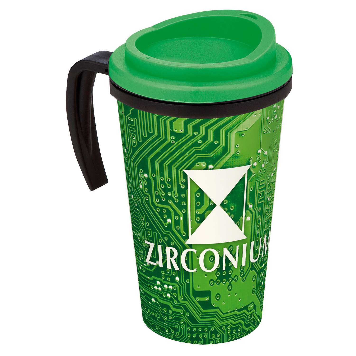 Grande Thermal Mug showing full colour print with green lid