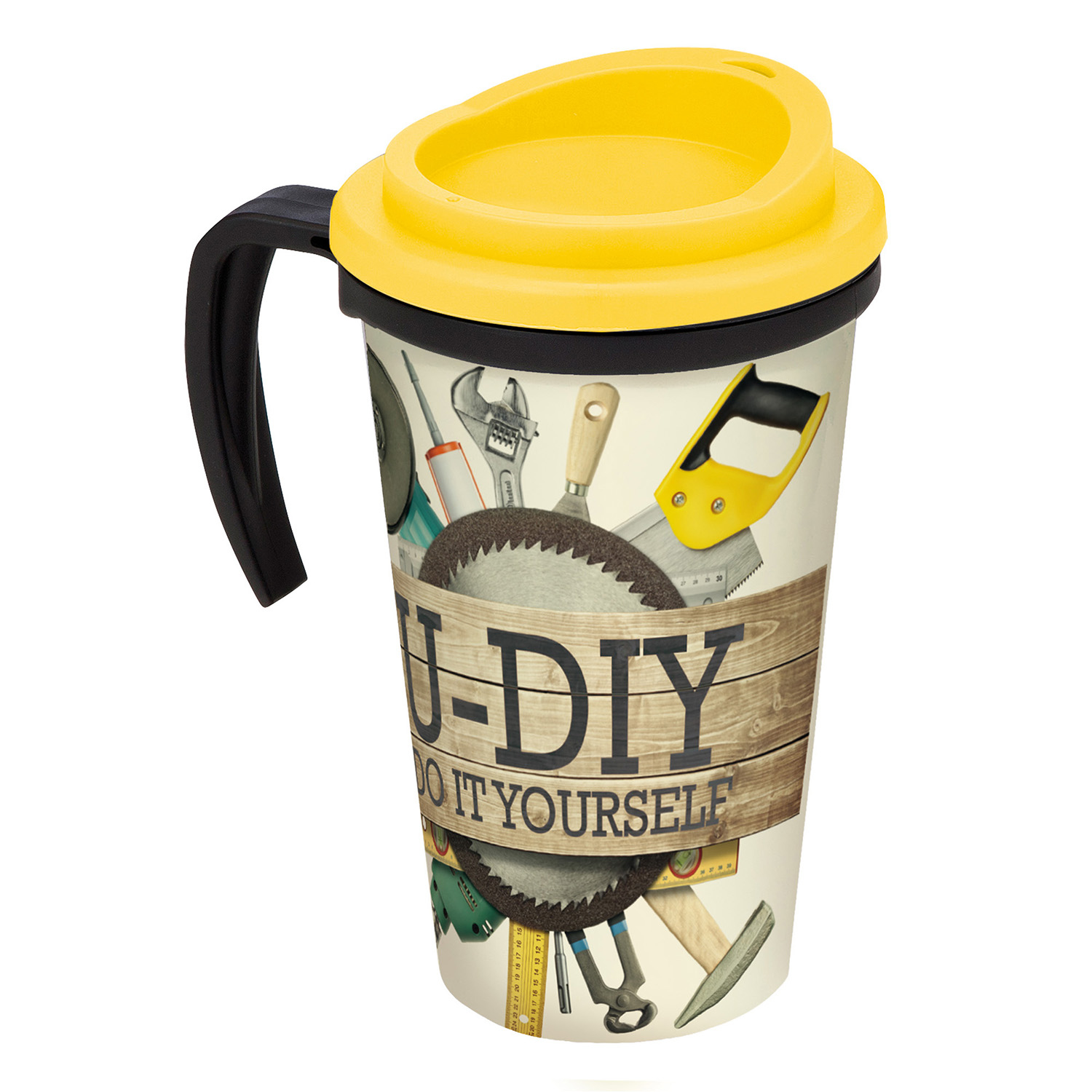Grande Thermal Mug showing full colour print with yellow lid