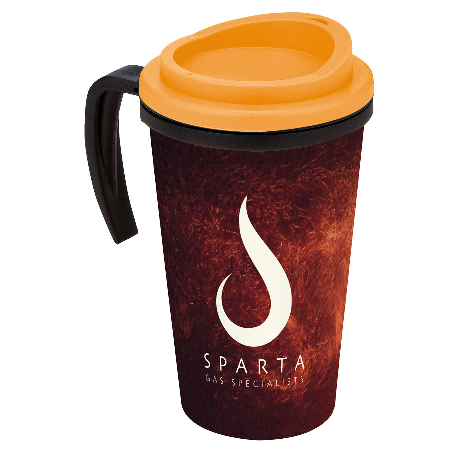 Grande Thermal Mug showing full colour print with orange lid