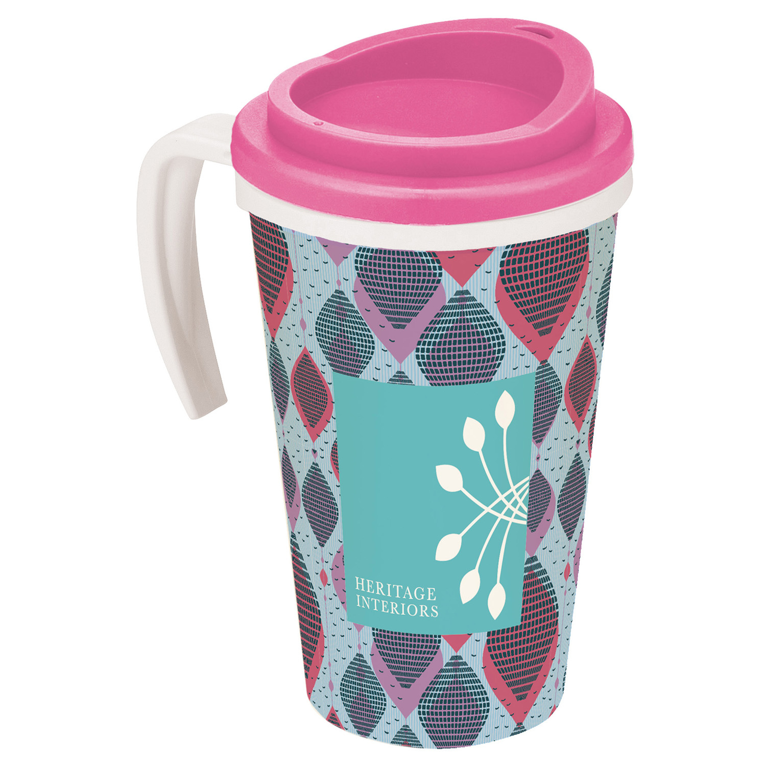 Grande Thermal Mug showing full colour print with pink lid