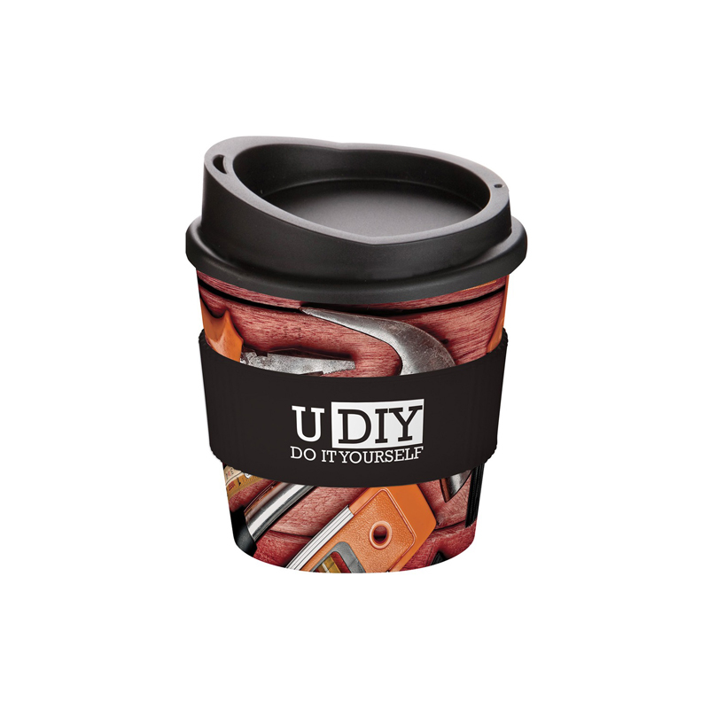 brite primo coffee mug with black lid and grip