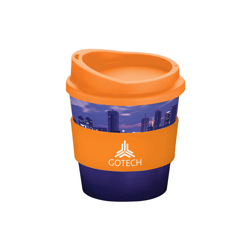 full colour brite primo coffee mug with orange lid and grip