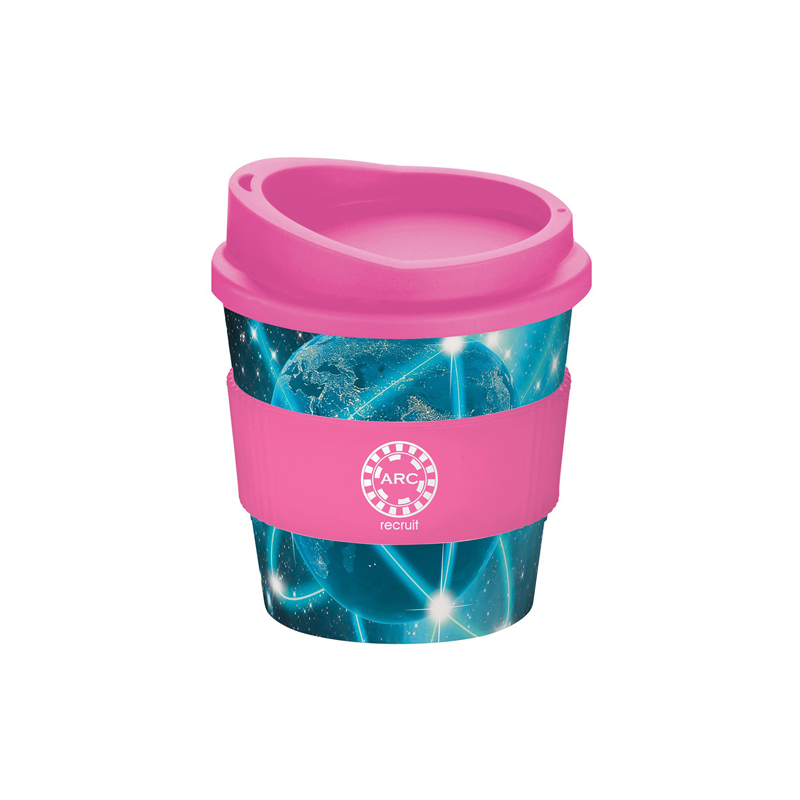 full colour brite primo mug with pink lid and grip