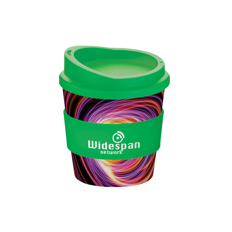 full colour brite primo coffee mug with green lid and grip
