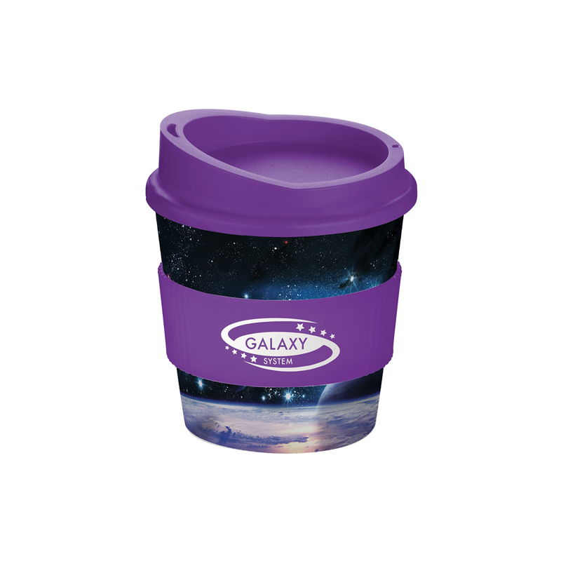 full colour brite primo mug with purple lid and grip