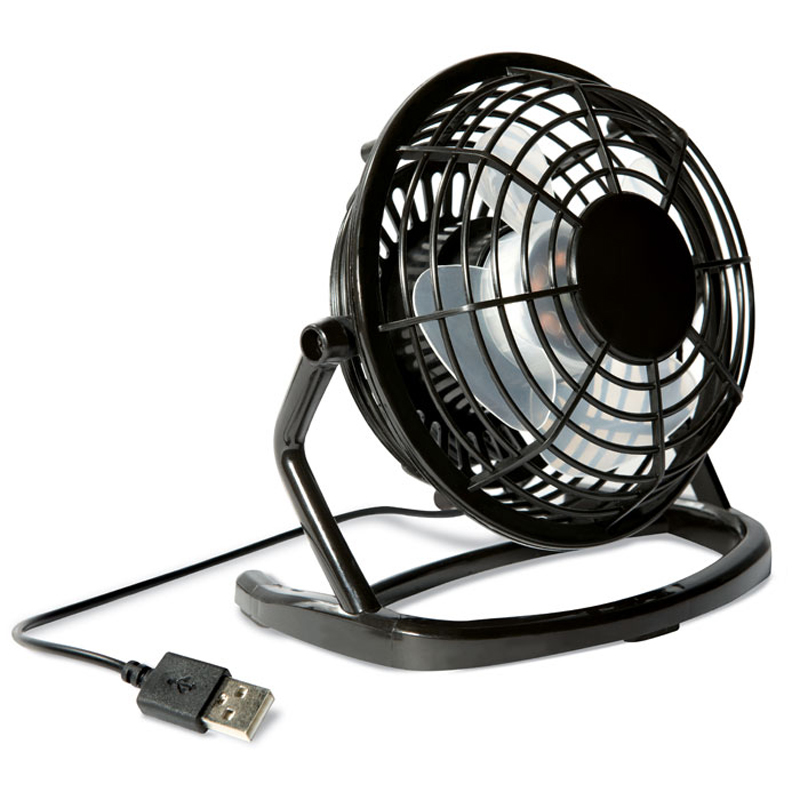black desk fan with USB cable and round printing panel on the front