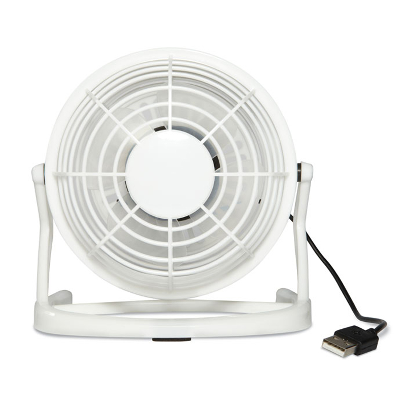 Desk fan with USB plugin and plain round branding area in the middle