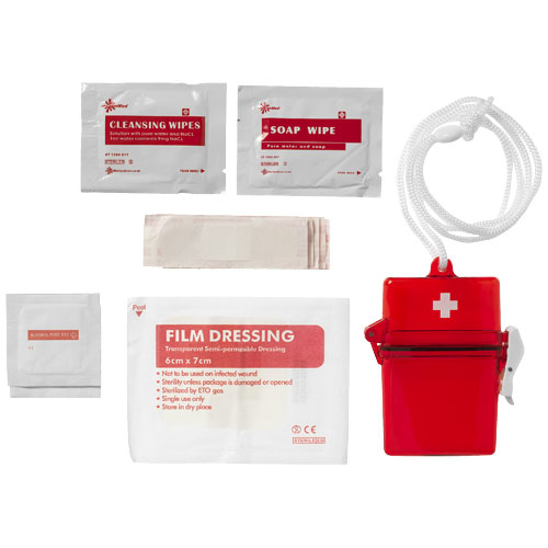 red transparent first aid kit with contents as flat lay