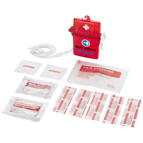 red first aid kit with 2 colour branding and contents displayed